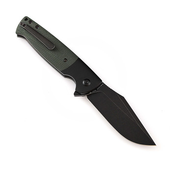 Kansept Shikari Button Lock Folding Knife Black Aluminum/Green Micarta Handle 154CM Plain Edge Black Stonewash Finish T2027B3
