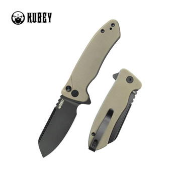 Kubey Creon Button Lock Folding Knife Tan G10 Handle AUS10 Plain Edge Blackwash Finish KU336I