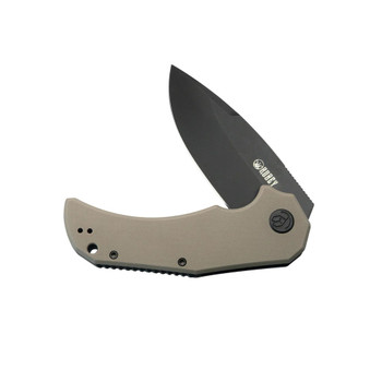 Kubey Bravo One Folding Knife Tan G10 Handle AUS-10 Drop Point Plain Edge Blackwash Finish KU319D