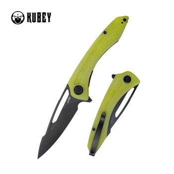 Kubey Merced Folding Knife Translucent Yellow G10 Handle AUS-10 Drop Point Plain Edge Blackwash Finish KU345C