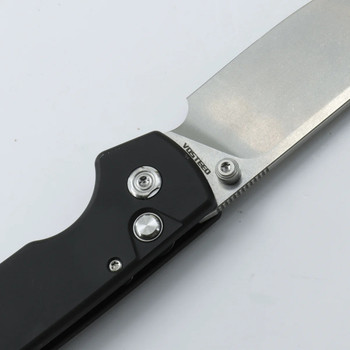Vosteed Raccoon Button Lock Folding Knife Black Aluminum Handle Nitro-V Drop Point Plain Edge Stonewash Finish A0413