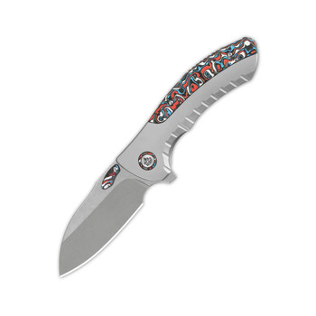 QSP Capybara Frame Lock Folding Knife Bead Blast Titanium Red/White/Blue Carbon Fiber Inlay M390 Plain Edge Stonewash Finish QS152-B2