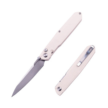 Real Steel G5 Metamorph Button Lock Folding Knife Off White G10 Handle 14C28N Plain Edge Satin Finish 7831I