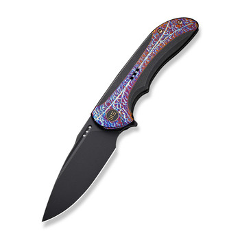 WE Equivik Folding Knife Black Flamed Titanium Handle 20CV Drop Point Plain Edge Black Stonewash Finish WE23020-2