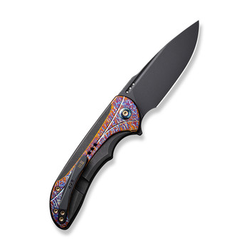 WE Equivik Folding Knife Black Flamed Titanium Handle 20CV Drop Point Plain Edge Black Stonewash Finish WE23020-2
