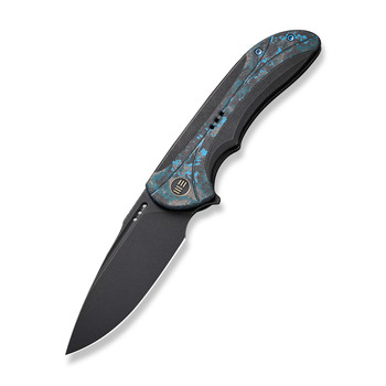 WE Equivik Folding Knife Black/Blue Titanium Arctic Storm Fat Carbon Fiber Inlay Handle 20CV Drop Point Plain Edge Black Stonewash Finish WE23020-4