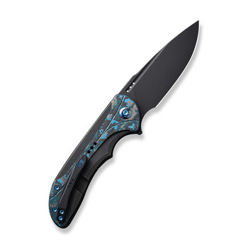 WE Equivik Folding Knife Black/Blue Titanium Arctic Storm Fat Carbon Fiber Inlay Handle 20CV Drop Point Plain Edge Black Stonewash Finish WE23020-4
