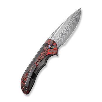 WE Equivik Folding Knife Gray/Red/Black Titanium Lava Flow Carbon Fiber Inlay Handle Damasteel Drop Point Plain Edge WE23020-DS1