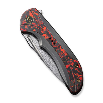 WE Equivik Folding Knife Gray/Red/Black Titanium Lava Flow Carbon Fiber Inlay Handle Damasteel Drop Point Plain Edge WE23020-DS1