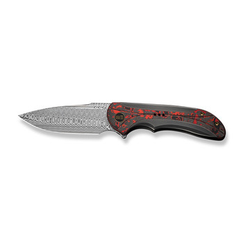 WE Equivik Folding Knife Gray/Red/Black Titanium Lava Flow Carbon Fiber Inlay Handle Damasteel Drop Point Plain Edge WE23020-DS1