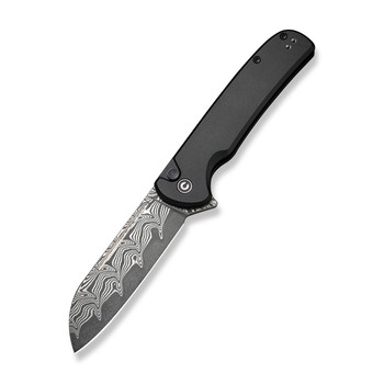 Civivi Chevalier II Folding Knife Black Aluminum Handle Damascus Sheepsfoot Plain Edge C20022B-DS1