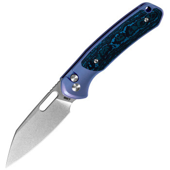 Artisan Cutlery Perfect Pyrite Project The Aficionado Folding Knife Blue Titanium Blue/Black Fat Carbon Handle S90V Wharncliffe Plain Edge Stonewash Finish J1925AT4-FCG