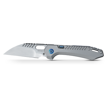 WMK Exclusive  Vosteed RSKAOS Folding Knife Gray Titanium Handle w/ Blue Hardware Elmax Wharncliffe Blade