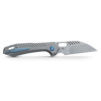 WMK Exclusive  Vosteed RSKAOS Folding Knife Gray Titanium Handle w/ Blue Hardware Elmax Wharncliffe Blade