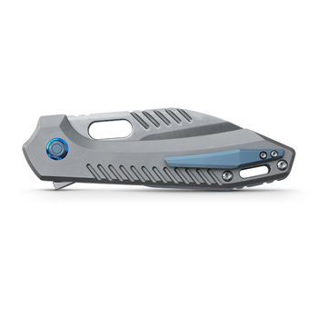WMK Exclusive  Vosteed RSKAOS Folding Knife Gray Titanium Handle w/ Blue Hardware Elmax Wharncliffe Blade