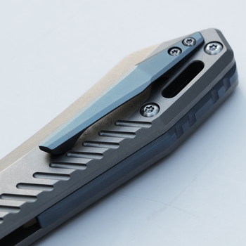 WMK Exclusive  Vosteed RSKAOS Folding Knife Gray Titanium Handle w/ Blue Hardware Elmax Wharncliffe Blade