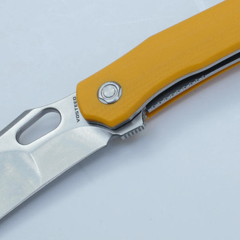Vosteed Griffin Folding Knife Yellow G10 Handle 14C28N Hawkbill Plain Edge Stonewash Finish A1102 Vosteed Griffin Folding Knife Yellow G10 Handle 14C28N Hawkbill Plain Edge Stonewash Finish A1102
