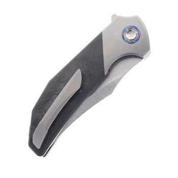 Reate Knives Tiger Folding Knife Black Camo Fat Carbon Fiber Handle M390 Plain Edge Belt Satin Finish