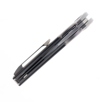 Reate Knives Tiger Folding Knife Black Camo Fat Carbon Fiber Handle M390 Plain Edge Belt Satin Finish