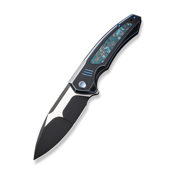 WE Hyperactive Folding Knife Blue/Black Titanium Arctic Storm Fat Carbon Fiber Handle Vanax Drop Point Plain Edge Black Stonewash/Satin Finish WE23030-3