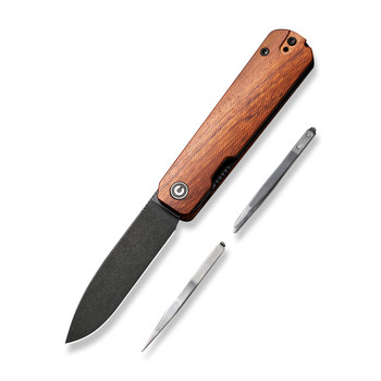 Civivi Sendy Folding Knife Guibourtia Wood Handle Nitro-V Drop Point Plain Edge Black Stonewash Finish C21004A-2