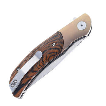 Petrified Fish Hourglass Folding Knife Sandalwood Handle K110 Plain Edge Satin Finish PFP09-SA