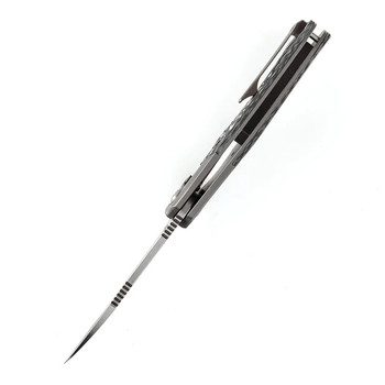 Discontinued Kansept Cosmos Folding Knife Titanium/White/Black Nebula Carbon Fiber Handle 20CV Wharncliffe Plain Edge Stonewash Finish K1059A2