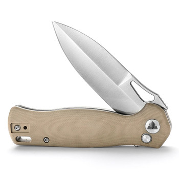 Trivisa Crateris-03D Button Lock Folding Knife Tan G10 Handle 14C28N Plain Edge Hand Satin Finish