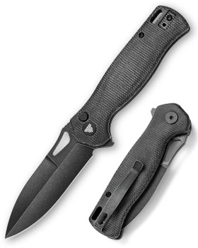 Trivisa Crateris-04B Button Lock Folding Knife Black Micarta Handle 14C28N Plain Edge Black Stonewash Finish 