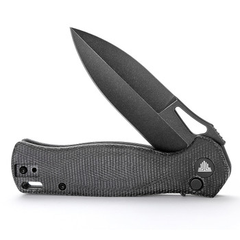 Trivisa Crateris-04B Button Lock Folding Knife Black Micarta Handle 14C28N Plain Edge Black Stonewash Finish 
