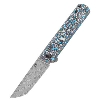 Discontinued Kansept Foosa Folding Knife Blue/White Carbon Fiber Handle Damascus Plain Edge K2020T2