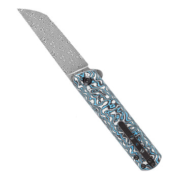 Discontinued Kansept Foosa Folding Knife Blue/White Carbon Fiber Handle Damascus Plain Edge K2020T2