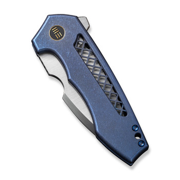 WE Harpen Folding Knife Blue Titanium Handle 20CV Modified Drop Point Plain Edge Hand Rubbed Satin Finish WE23019-2