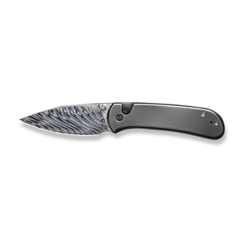 WE Qubit Folding Knife Polished Gray Orange Peel Titanium Handle Damasteel Drop Point Plain Edge WE22030F-DS1