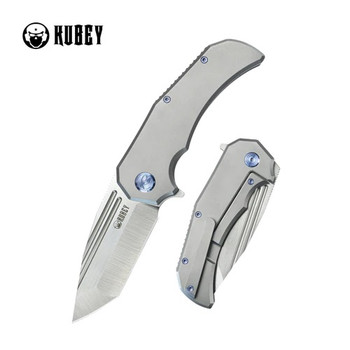 Kubey Bravo One Folding Knife Gray Titanium Handle M390 Tanto Plain Edge Belt Satin Finish KB366A