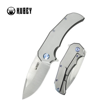 Kubey Bravo One Folding Knife Gray Titanium Handle M390 Drop Point Plain Edge Belt Satin Finish KB367A