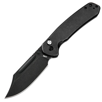 CJRB Pyrite Bowie Button Lock Folding Knife Black Steel Handle AR-RPM9 Plain Edge Black Stonewash Finish J1942-BST