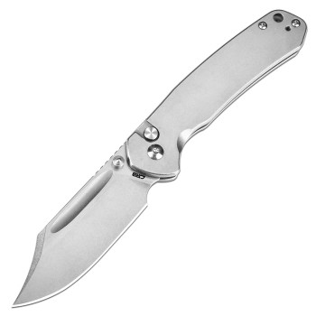 CJRB Pyrite Bowie Button Lock Folding Knife Steel Handle AR-RPM9 Plain Edge J1942-ST