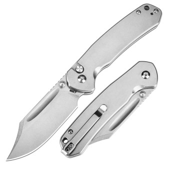 CJRB Pyrite Bowie Button Lock Folding Knife Steel Handle AR-RPM9 Plain Edge J1942-ST