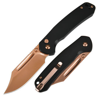 CJRB Pyrite Bowie Button Lock Folding Knife Rose Gold PVD AR-RPM9