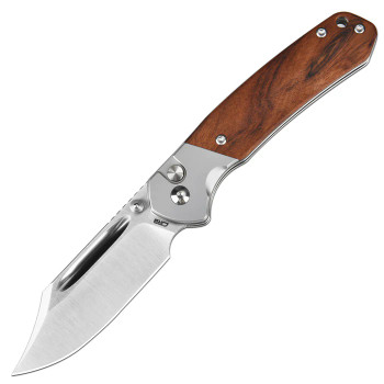 CJRB Pyrite Bowie Button Lock Folding Knife Rosewood Handle AR-RPM9 Plain Edge J1942-RW