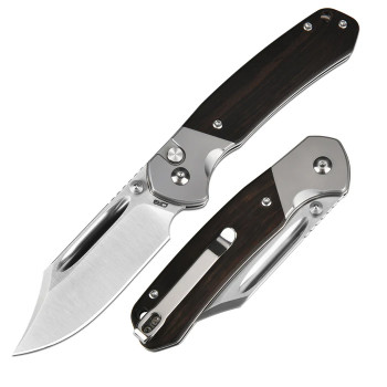 CJRB Pyrite Bowie Button Lock Folding Knife Ebony Wood Handle AR-RPM9 Plain Edge J1942-EBN