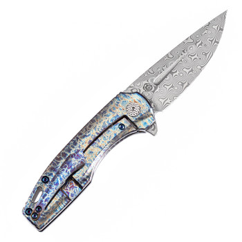 Kansept Cassowary Folding Knife Titanium/Lightning Strike Handle Damascus Plain Edge K2065A3