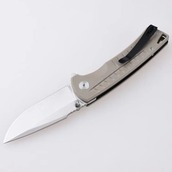 Discontinued Shieldon Bard Ichthyolite Folding Knife Beige G10 Handle 7Cr17MoV Harpoon Point Plain Edge Satin Finish 2307C