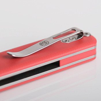 Vosteed Corgi Button Lock Folding Knife Red Micarta Handle 14C28N Drop Point Plain Edge Satin Finish A0726