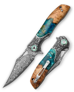 Trivisa Apus-07C Liner Lock Folding Knife Steel Bolster/Resin Wood Handle Damascus Plain Edge YZ02-LRW-D