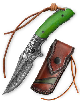 Trivisa Puppis-02G Liner Lock Folding Knife Steel/Green Bone Handle Damascus Plain Edge JS02-GB-D/P