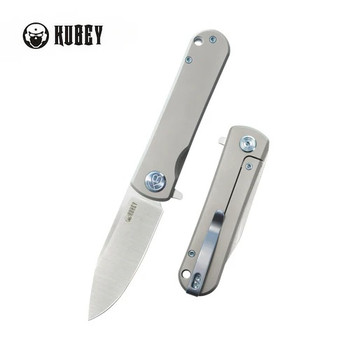 Kubey NEO Flipper Folding Knife Grey Titanium Handle S35VN Plain Edge Belt Satin Finish KB359A