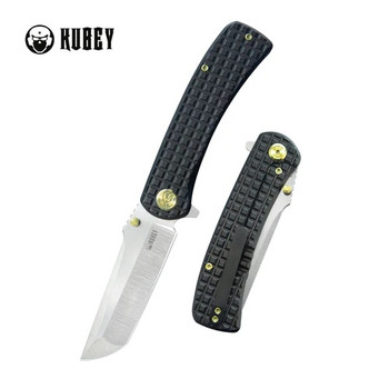 Kubey Interflow Folding Knife Black Titanium Handle M390 Plain Edge Belt Satin Finish KB294C