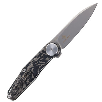 Defcon Button Lock Folding Knife Designer Tribal Wolf Titanium Handle M390 Drop Point Plain Edge Satin Silver Finish TF9617-3